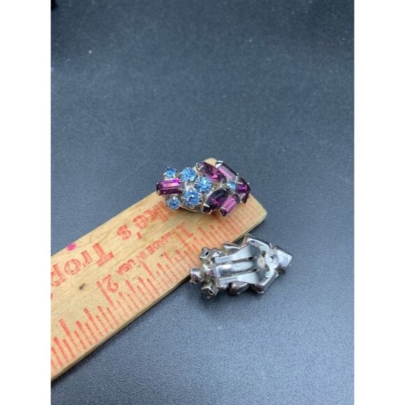 Purple and Blue Clip On Rhinestones Earrings Fancy Rhinestones Vintage Clips - Picture 5 of 5